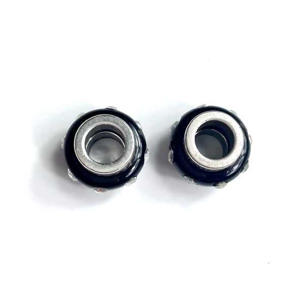 Brighton Set of 2 Black Spacer Barrel Bead with Clear Crystals Silver Plated - Picture 2 of 4